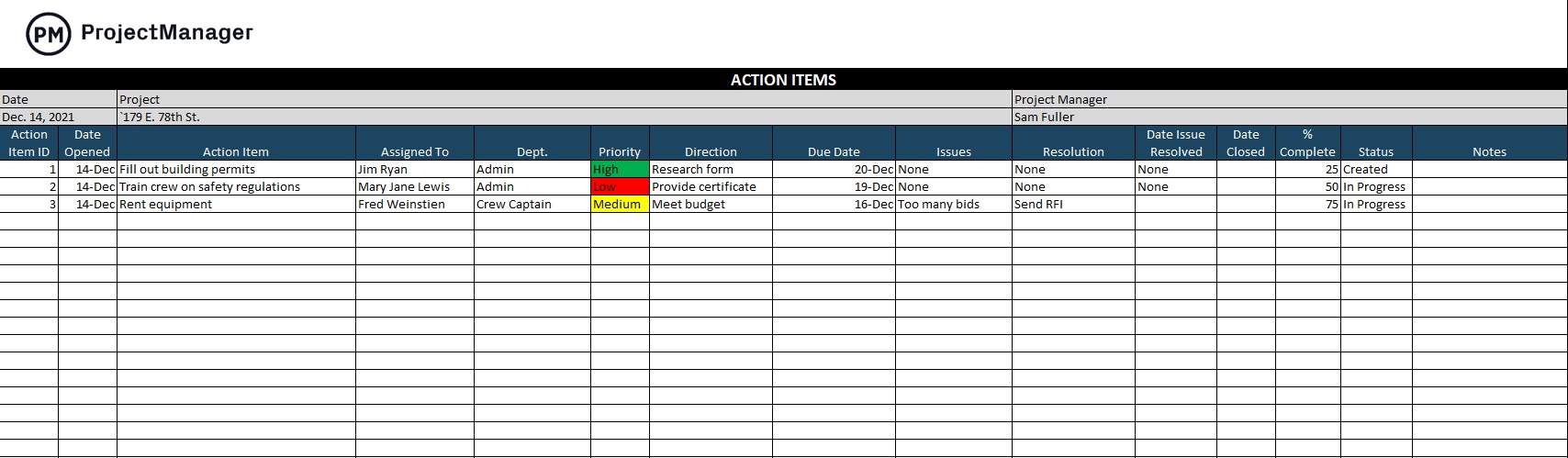 ProjectManager's free action items template