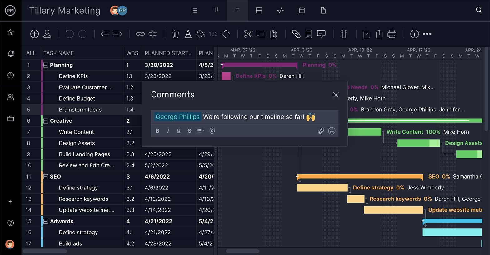 a screenshot of a user adding a comment on a task on the ProjectManager Gantt chart