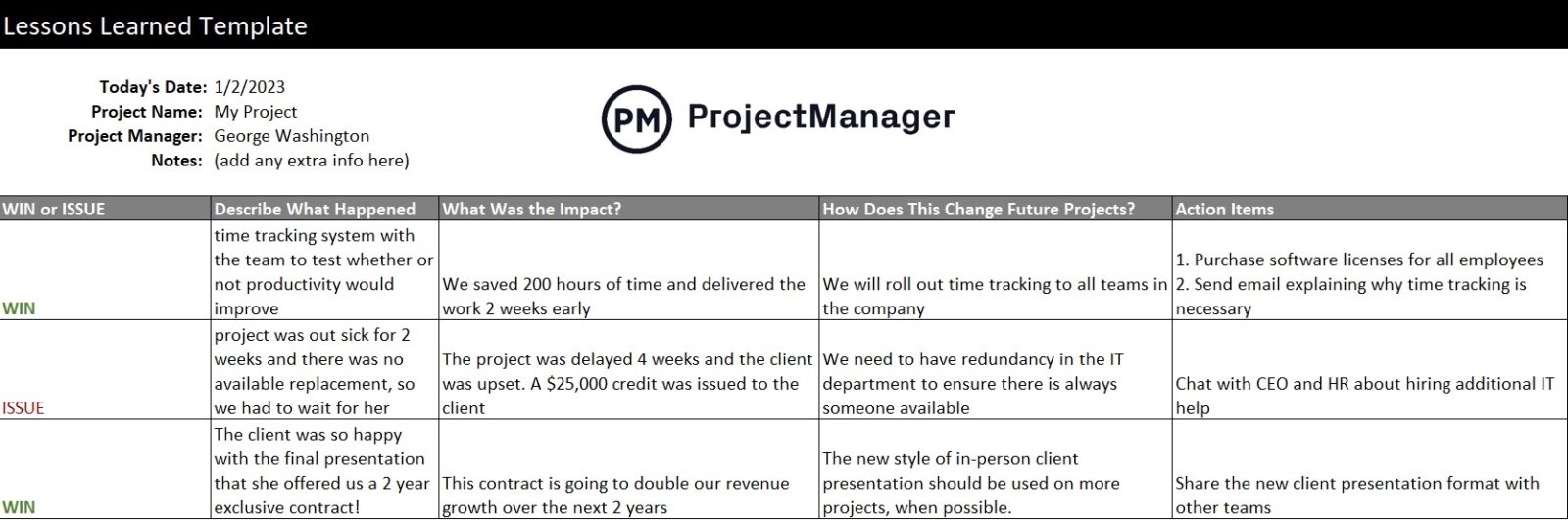 ProjectManager's lessons learned template for Excel
