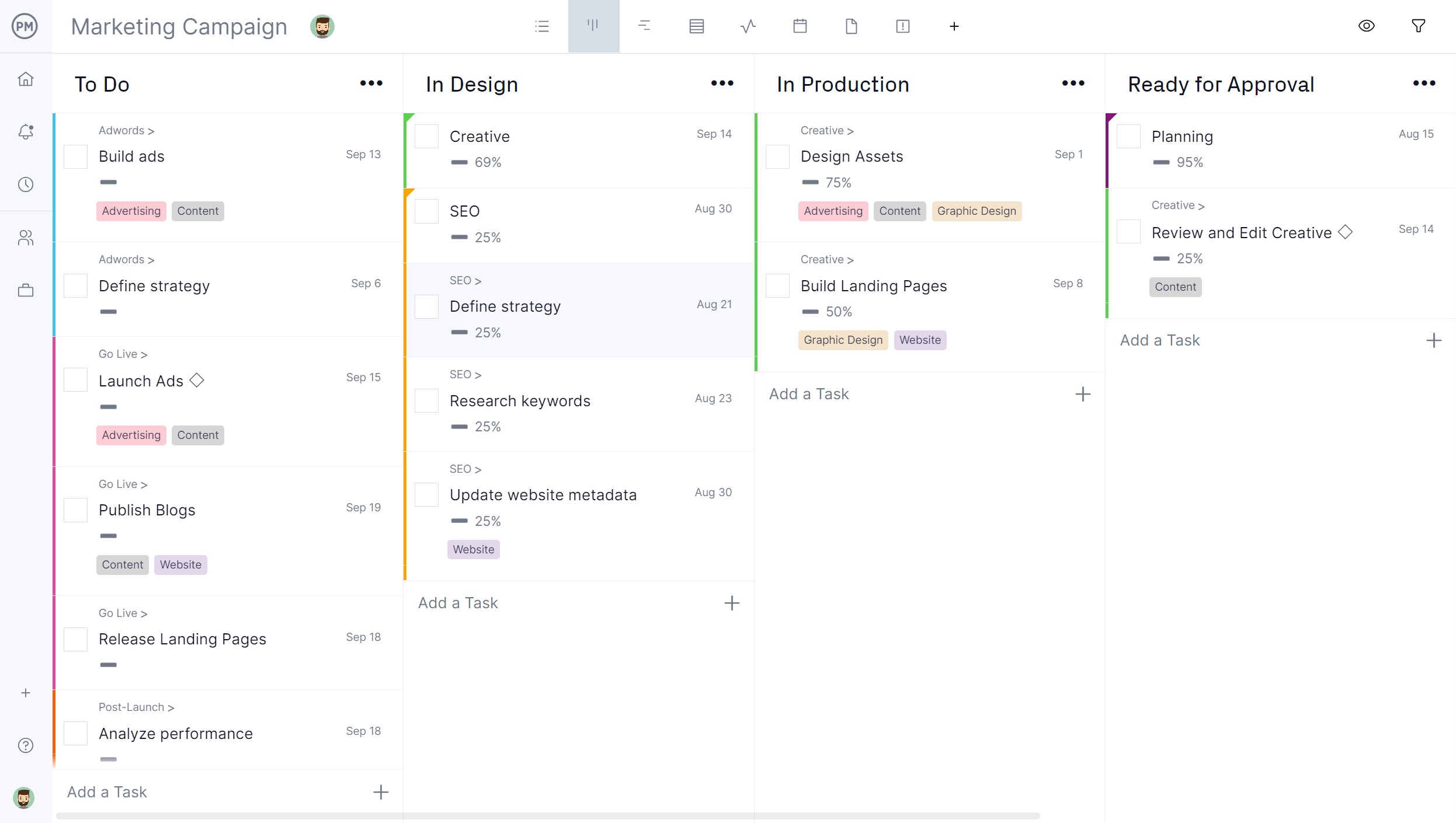 ProjectManager's kanban board showing tasks for a go to market strategy