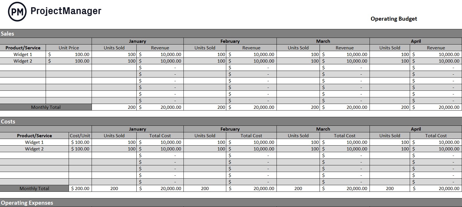 Operating budget template screenshot in ProjectManager, an Excel template for business