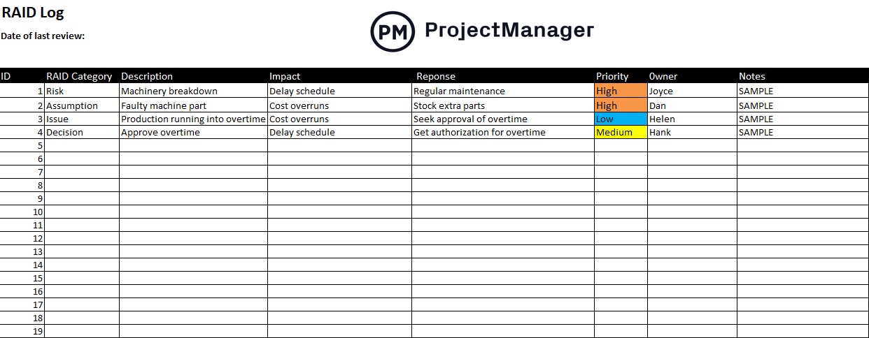 ProjectManager's raid log template for Excel