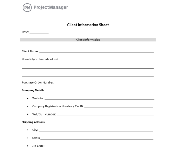 ProjectManager's free client information sheet template for Word