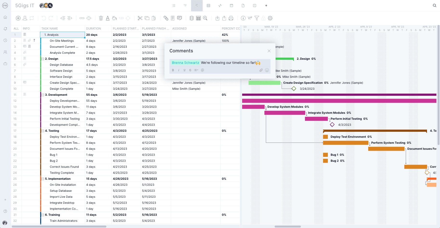 ProjectManager's Gantt chart with comment