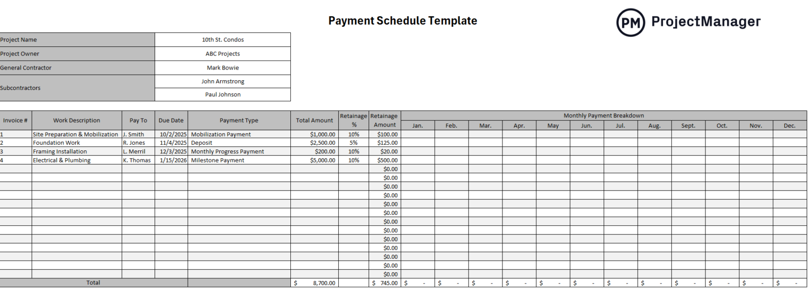 ProjectManager's Payment schedule template for Excel