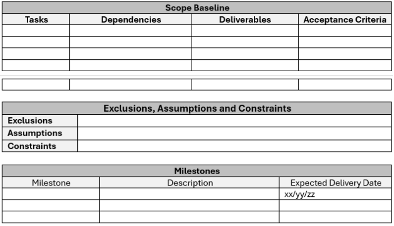 Scope baseline section of work proposal template